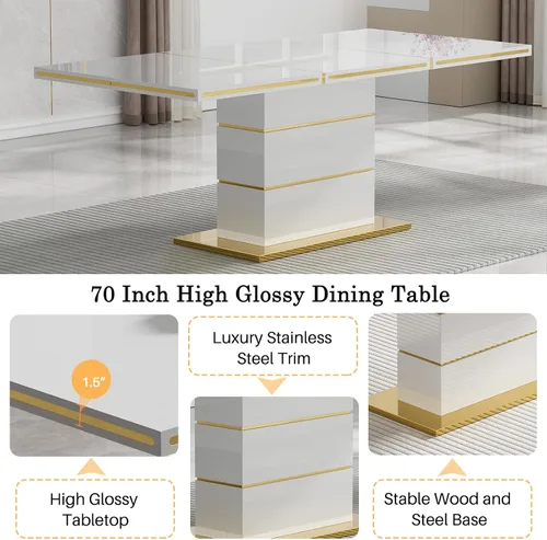 Vista 3 de Juego de mesa de comedor de alto brillo blanco de 70 pulgadas para 6, mesa de comedor rectangular moderna de 7 piezas y 6 sillas de terciopelo