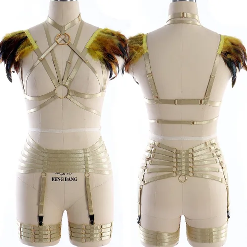 Vista 2 de Arnés de plumas para mujer con tirantes de cuerpo entero enjaulado, liga de cuerpo entero de cinturón conjunto de festival Rave quemando hombre ala