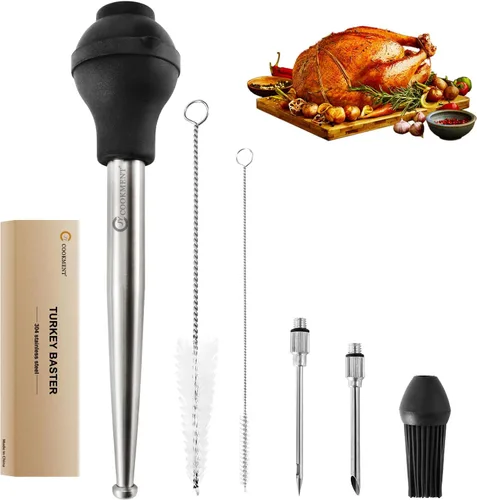 Vista 9 de JY COOKMENT Jeringa de acero inoxidable para pavo Baster Baster Jeringa para cocinar Inyector de carne con 2 agujas de marinada, 1 cepillo