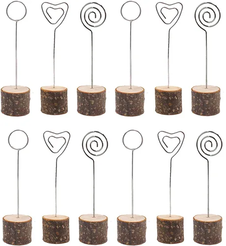 Vista 6 de 30 soportes para tarjetas de lugar de madera rústica, base de madera real, clip para fotos de notas, números de mesa de boda, soporte de tarjetas