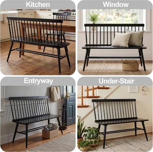 Vista 6 de DUHOME Banco de entrada, Banco de comedor negro con respaldo de espiral, Banco de madera de casa rural Windsor para vestíbulo, balcón, sala