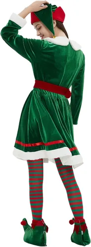 Vista 3 de Wabolay Disfraz de elfo para mujer, vestido de Navidad para adultos, 5 piezas, lindo traje de Navidad de elfos de Santa con sombrero, zapatos