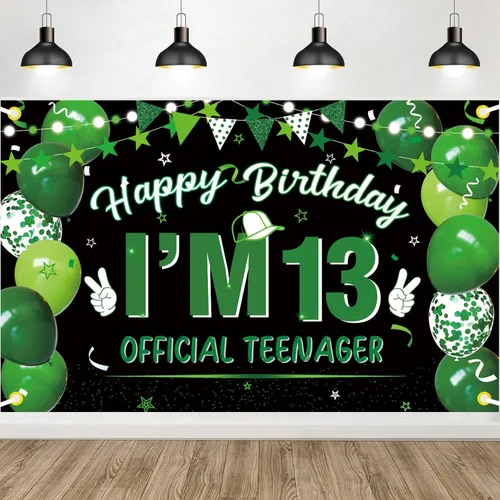 Vista 4 de 13th Happy Birthday Backdrop Birthday Banner Decorations for Boys Girls, Blue Toned Polyester Material 13th Birthday Party Wall Backdrop Photo Booth