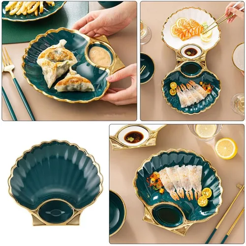Vista 7 de DOITOOL Plato de bola de masa en forma de concha con compartimento para salsa, elegante plato de cerámica para sushi para albóndigas, aperitivos