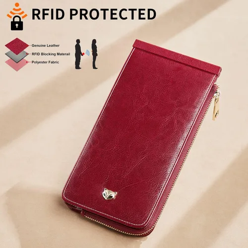 Vista 6 de FOXLOVER Portatarjetas de crédito múltiples para mujer, con bloqueo RFID, cartera de cuero para mujer con bolsillo con cremallera, rojo vino