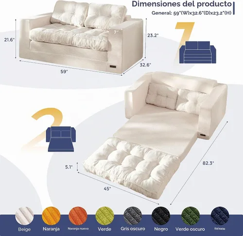 Vista 2 de MAXYOYO Sofá cama plegable, sofá biplaza convertible con almohadas Beige