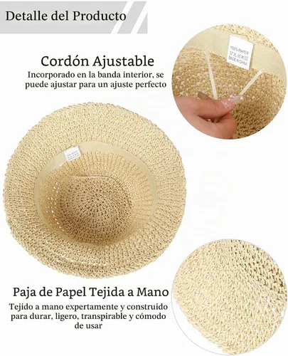 Vista 4 de Sombrero de sol para mujer, hecho a mano, con paja, protección UV, para viajes, verano, playa Beige