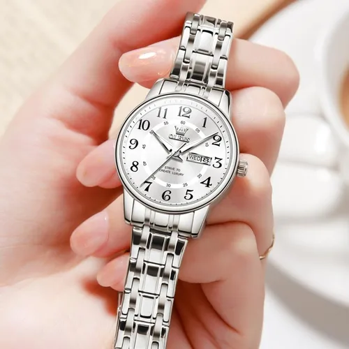 Vista 4 de OLEVS Reloj de acero inoxidable para mujer, reloj de vestir para mujer, con fecha, a la moda, para negocios, impermeable, analógico, de cuarzo