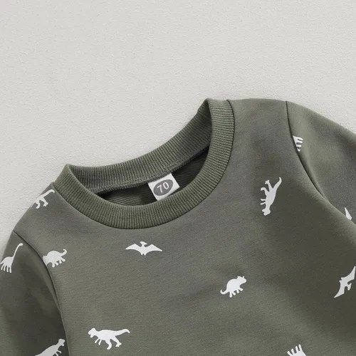 Vista 3 de Thorn Tree Conjunto de ropa de dinosaurio para niños pequeños, sudadera de cuello redondo, suéter de manga larga, pantalones de bolsillo sólido