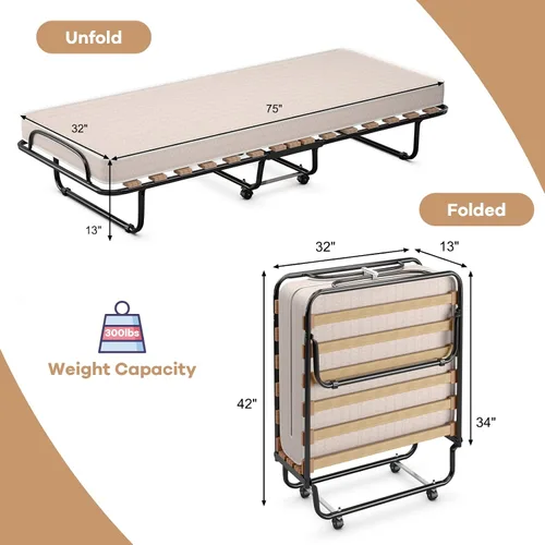Vista 7 de GOFLAME Cama plegable plegable con colchón de espuma viscoelástica suave, tamaño cuna portátil con marco de metal para adultos y cama de invitados