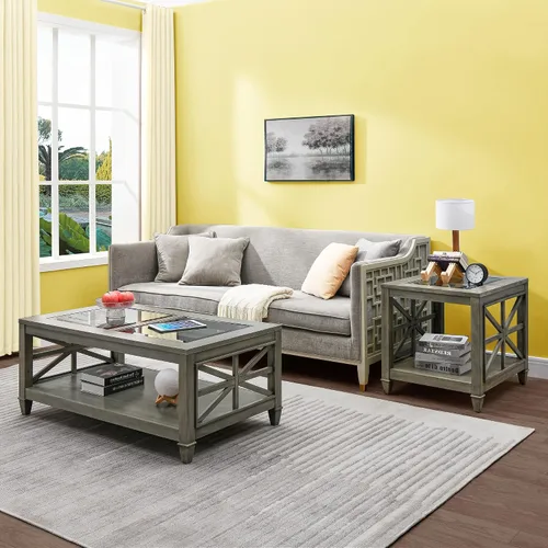 Vista 5 de Mesa de centro de madera maciza con tapa de vidrio templado, mesa rectangular para sala de estar con estante de almacenamiento de 2 neumáticos, mesa