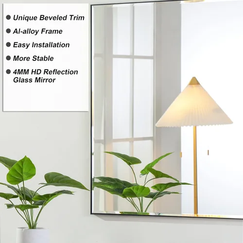 Vista 2 de LEDLUX Espejo de baño negro de 24 x 32 pulgadas, espejo sin cobre, marco de metal, espejo rectangular montado en la pared, espejo moderno