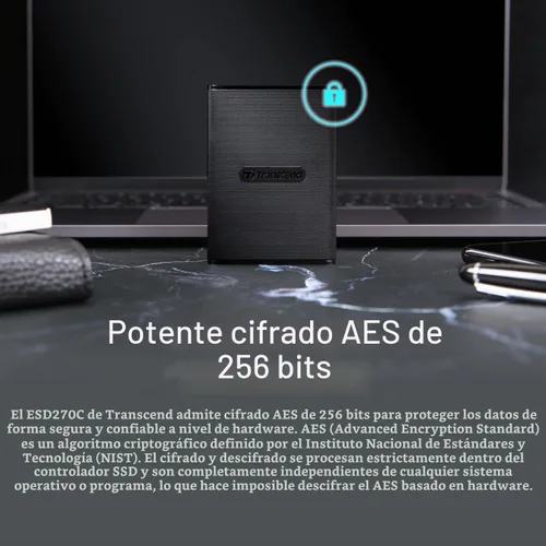 Vista 10 de Transcend SSD portátil ESD270C de 250 GB de hasta 520 MB/s