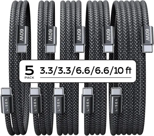 Vista 12 de LISEN Cable USB C, paquete de 5 cables USBC a USBC [0.5 pies] para iPhone 17 16e 15 Pro Max, cable de carga rápida de 60 W C a C para Galaxy Negro