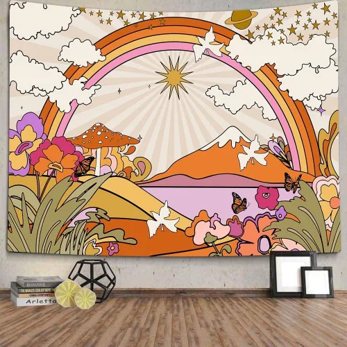 Vista 7 de TOMOZ Tapiz vintage de los años 70 y 60, diseño retro de flores, nubes, sol y arco iris, tapiz para colgar en la pared, tapiz psicodélico bohemio