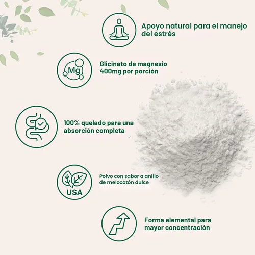 Vista 3 de Polvo de magnesio, 12 onzas (56 porciones) Polvo de glicinato de magnesio Con sabor a anillo de melocotón dulce Apoyo para la salud del sueño