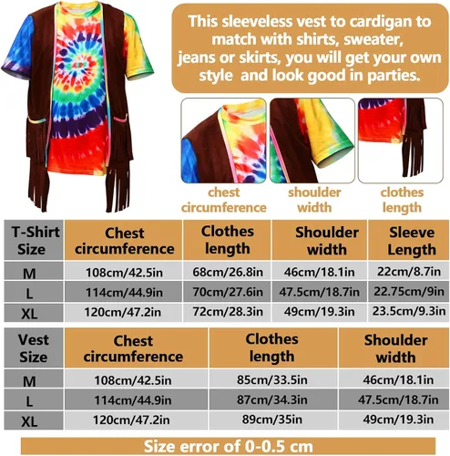 Vista 3 de Hotop Conjunto de disfraz hippie de los años 60 y 70 para mujeres y hombres chaleco hippie teñido anudado camiseta con signo de la paz collar