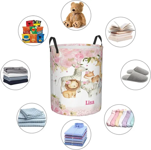 Vista 5 de Cesta de lavandería personalizada con diseño de jirafa, león y flores rosadas, con asas, impermeable, para decoración de dormitorio y baño.