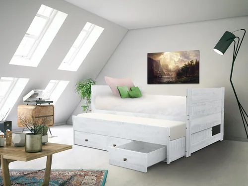 Vista 7 de Bedz King - Cama todo en uno con cama corrediza individual y 3 cajones incorporados (Blanco rústico)