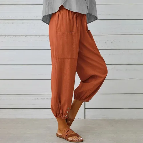Vista 3 de Pantalones capri de cintura alta con cordón y botón de algodón suelto casual con bolsillos para mujer