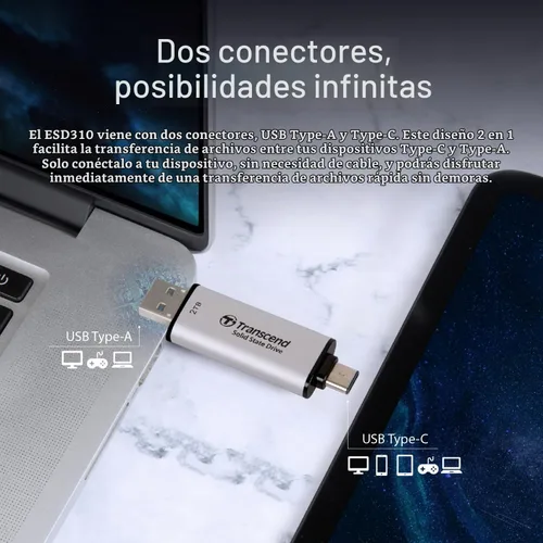 Vista 2 de Transcend ESD310 SSD portátil dual 1050MB/s USB-A+C, unidad de pulgar Gris (Space Grey)