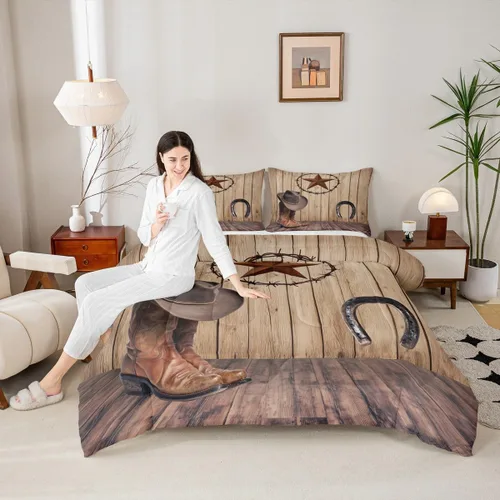 Vista 53 de Manfei Juego de edredón geométrico azteca, tamaño individual, juego de ropa de cama de cactus, vaquera occidental, decoración de habitación de niños