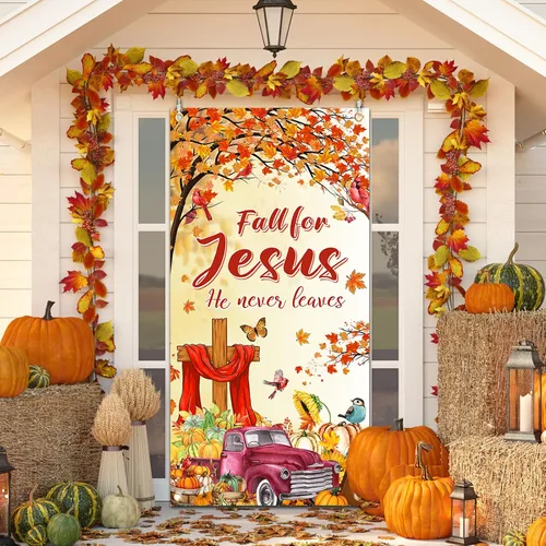 Vista 4 de YE - Cubierta de puerta con texto en inglés "Fall for Jesus He Never Leed", decoración de puerta de religión cristiana de calabaza para otoño