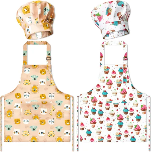 Vista 13 de Juego de 4 delantales y sombrero de chef para niños, regalo para niñas y niños, con palabras del alfabeto de animales, delantales ajustables