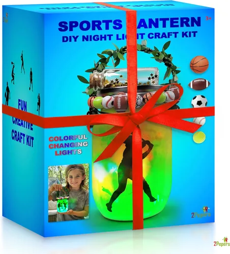 Vista 6 de Haz tu propio tarro de farol deportivo con luz nocturna para niños y niñas, fútbol, fútbol, baloncesto, tenis y béisbol para niños, kit de arte