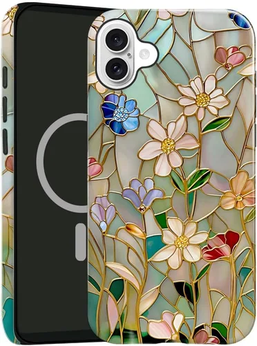 Vista 19 de Funda compatible con iPhone 13, compatible con MagSafe, funda híbrida de 2 capas con prevención de caídas brillante para niñas y niños, arte floral