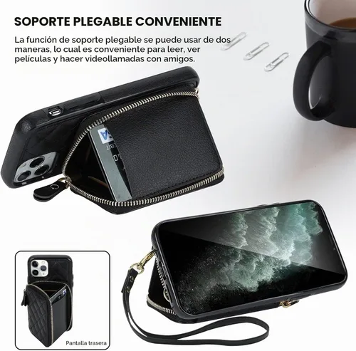 Vista 5 de Bocasal Funda tipo cartera tipo bandolera para iPhone 11 Pro, color negro
