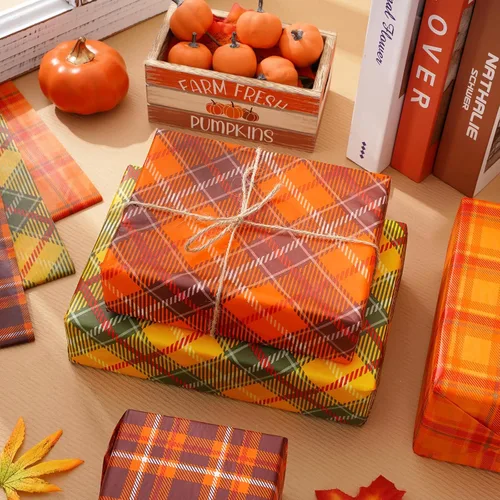 Vista 4 de Whaline 60 hojas de papel de seda a cuadros retro naranja marrón a cuadros decorativos para otoño, fiesta de Acción de Gracias, manualidades, 14 x