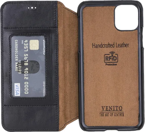 Vista 6 de Venito Venice - Funda delgada compatible con iPhone 11 Pro Max con soporte, cartera, cierre automático y bloqueo RFID (negro rústico)