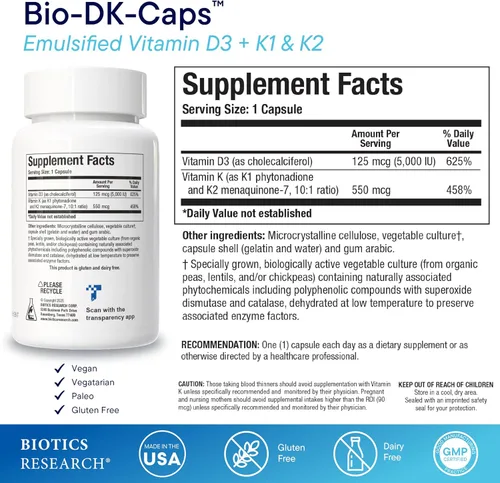 Vista 2 de BIOTICS Research Bio-DK Caps™ Vitamina D K, D3 5000 iu, K1 K2 550 mcg, 60c