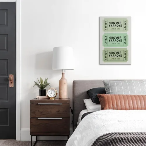 Vista 8 de Lienzo con impresión de karaoke para ducha, divertido arte de pared de baño, póster retro de boletos, color verde salvia, decoración de baño