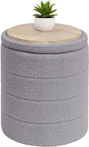 Vista 10 de B FSOBEIIALEO Otomana con Almacenamiento, Taburete Otomano de Almacenamiento Redondo Sherpa, Reposapiés Boucle 14.6"x14.6"x17.7" (Beige)
