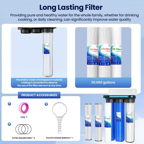 Vista 7 de Sistema de filtro de agua para toda la casa, sistema de filtración de agua de 3 etapas para toda la casa, entrada/salida de 3/4 pulgadas, reduce