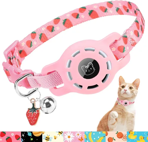 Vista 12 de BINGPET AirTag - Collar de gato con campanas, collar elástico de seguridad mejorado con soporte para collar de gato Airtag, collares de gato