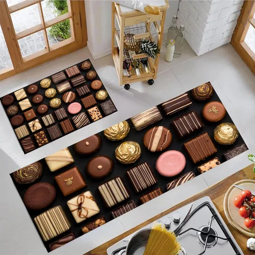 Vista 3 de Kitchen Mat Set of 2 Pcs, 3D Chocolate Patchwork Non Slip Rugs for Kitchen Floor, Retro Geometric Absorbent Runner Comfort Standing Mats Washable