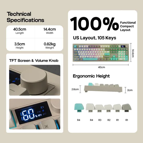 Vista 9 de EPOMAKER Aula S102 PRO Membrane Gaming Keyboard with TFT Screen, Volume Knob & Number Pad, BT/2.4G/USB, RGB Backlit, Creamy Silicone Structure, Grey