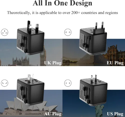 Vista 3 de Minthouz Adaptador de viaje universal, adaptador de corriente internacional de 35 W, cargador rápido GaN PD con 2 puertos USB-C PD y 2 puertos