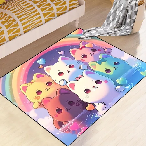 Vista 40 de Alfombra de gato para habitación de niñas, diseño de dibujos animados, decoración para dormitorio, bonita alfombra de área de gatos, alfombras