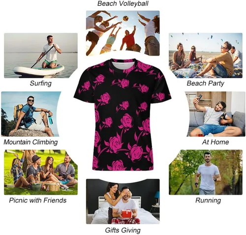 Vista 5 de Red Rose Men's Graphic T-Shirt Personalized Short-Sleeve Tee Shirts Fashion Shirts Top for Home Work