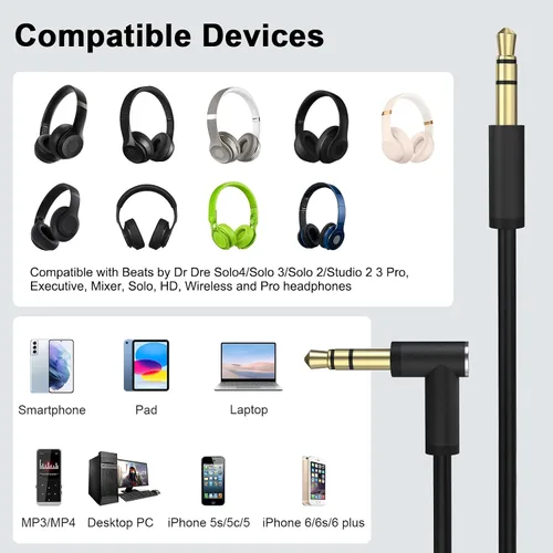 Vista 5 de Solo 3 cable de audio de repuesto con micrófono en línea y control de volumen compatible con Beats Headphone