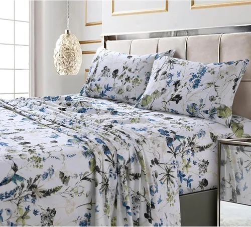 Vista 24 de Tribeca Living Colmar - juego de sábanas de algodón de 300 hilos, extra profundo, estampado, Algodón satén, Amalfi Azul/Multi, gemelo