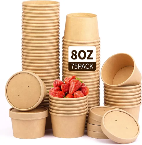 Vista 9 de Wuadua Paquete de 50 recipientes desechables de papel de 8 onzas con tapas, cuencos de sopa para llevar para fideos, ensalada, restaurante