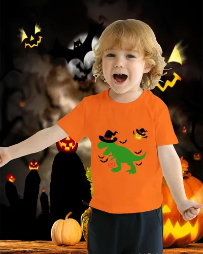 Vista 2 de CM-Kid Camisa de Halloween para niños pequeños, niñas, calabaza, fantasma, dinosaurio, camiseta de manga corta para niños, camisetas de algodón de 2