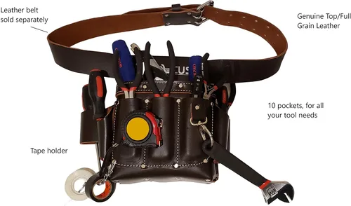 Vista 5 de Bolsa de herramientas de cuero de grano completo de LAUTUS Para electricista/contratista, bolsa eléctrica 10 bolsillos 100% cuero marrón oscuro