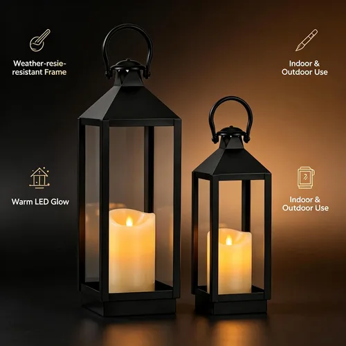Vista 3 de 2 Pack Black Decorative Lantern Set 17 Inch and 13 Inch Metal Frame Lanterns with LED Flickering Candles for Indoor Outdoor Home Patio Decor