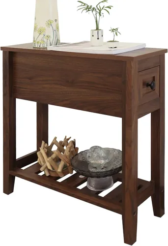 Vista 8 de Mesa auxiliar estrecha para silla, mesa auxiliar reclinable sólida con cajón, mesita de noche delgada para sala de estar y dormitorio